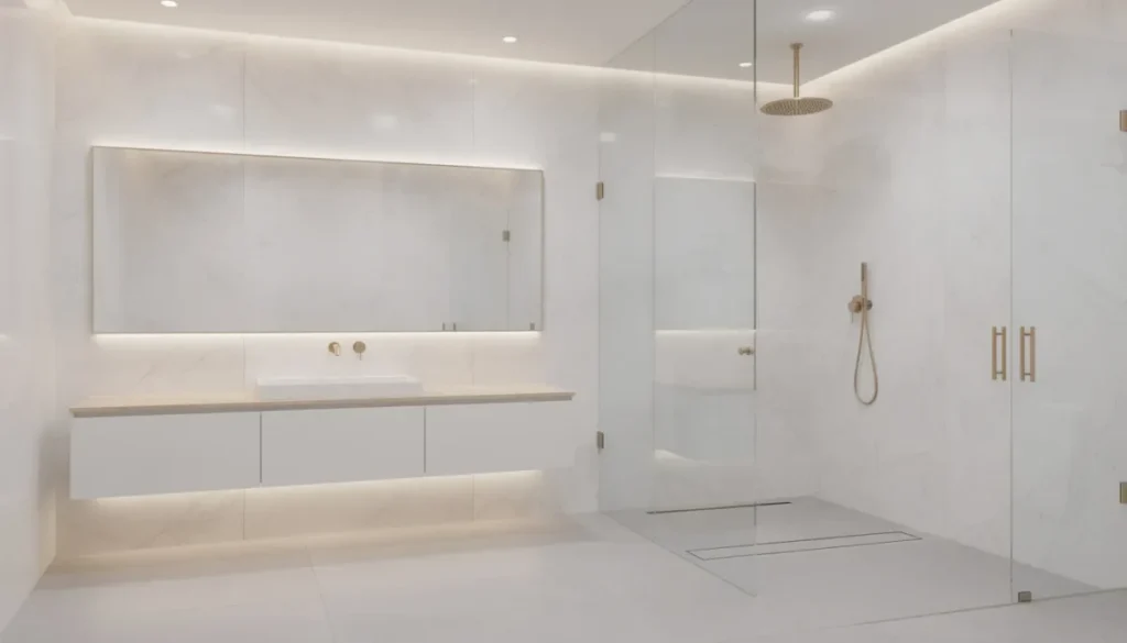 Een moderne luxe badkamer met grote marmerlook wandpanelen die zorgen voor een strakke en stijlvolle uitstraling. De wandpanelen zijn speciaal ontworpen voor vochtige ruimtes en bieden een onderhoudsvriendelijke oplossing boven de bestaande tegels.