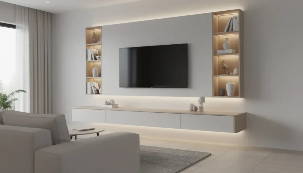 Een moderne tv wand met geïntegreerde LED-verlichting, die elegant is ontworpen met nissen en een zwevend tv meubel, biedt een luxe uitstraling in de woonkamer. De strakke afwerking en de mogelijkheid om kabels netjes weg te werken, maken het een echte eyecatcher in elk interieur.