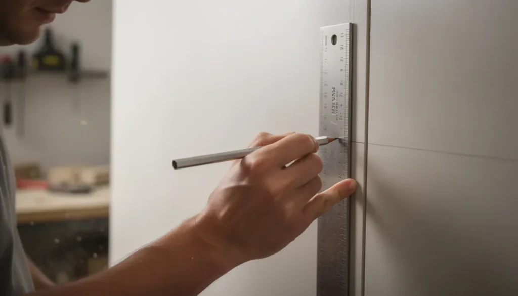 Een persoon markeert met een potlood en een winkelhaak snijlijnen op een wandpaneel, terwijl hij zich voorbereidt op het zagen van akoestische wandpanelen. De juiste voorbereiding en nauwkeurigheid zijn essentieel voor een professionele afwerking van de gehele muur.