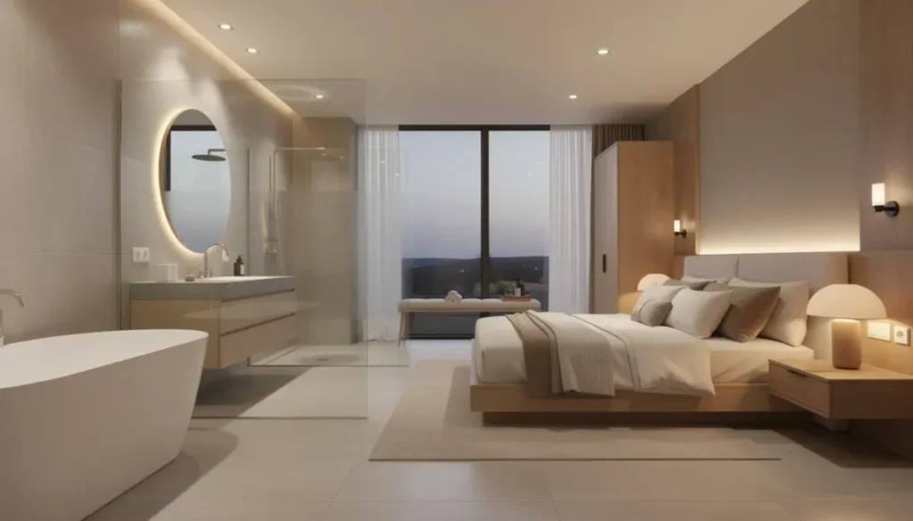 Een stijlvolle badkamer met moderne badkamer wandpanelen die overloopt in een luxe slaapkamer, ingericht met houten meubels en warme verlichting. De ruimte heeft een nette afwerking en een strakke uitstraling, perfect voor een renovatie van jouw badkamer.
