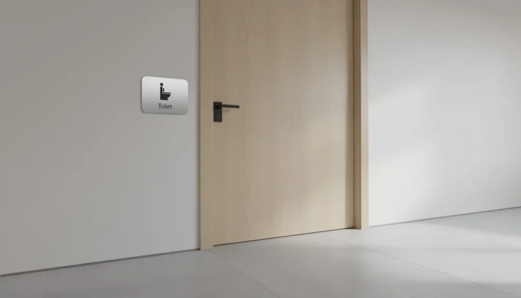 Een stijlvolle houten deur met een elegant metalen toiletbordje hangt aan de muur in een moderne hal, waarbij het bordje duidelijk aangeeft dat het om het heren toilet gaat. Het ontwerp is strak en past goed bij de hedendaagse inrichting van de ruimte.