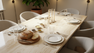 rechthoekige eettafel travertin