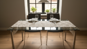 rechthoekige glazen eettafel