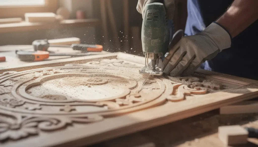 Twee handen begeleiden een decoupeerzaag terwijl deze door een decoratief wandpaneel snijdt op een werkbank. De nauwkeurige zaagbeweging zorgt voor rechte lijnen, wat essentieel is voor een professionele afwerking van de akoestische wandpanelen.