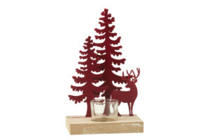 Theelichthouder Rendier/Bomen Metaal/Hout Rood