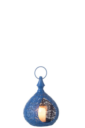 Theelichthouder Druppel Metaal Glas Blauw Klein
