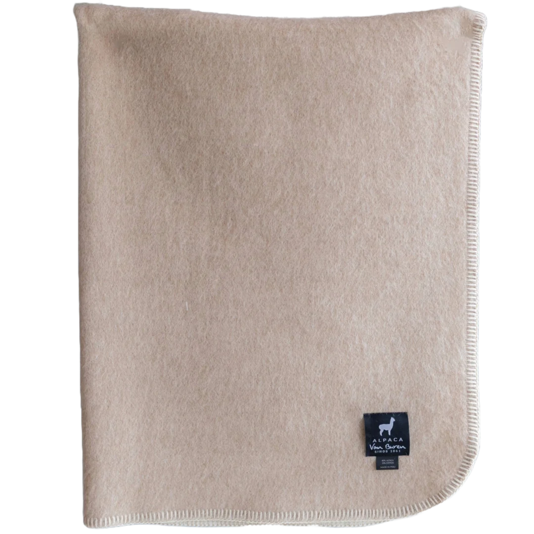 Beige Gruron wiegdeken van alpaca met zachte textuur en sierlijke afwerking, 100 x 75 cm