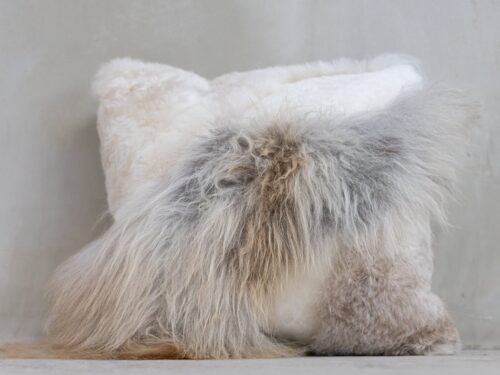 Juldon naturel schapenvachtkussen 50x50 cm, zacht melange wol in wit, grijs en bruin voor warm interieur