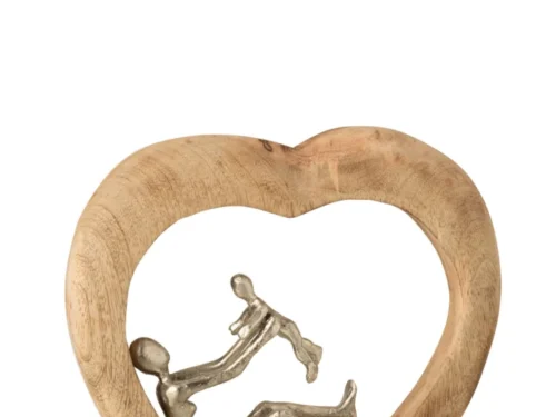 Beeld Kloorrin mangohout naturel H30 cm met hartvorm en aluminium ouder-kind motief op houten voet