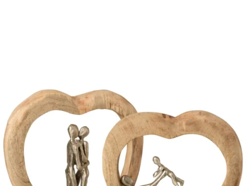 Beeld Kleensaro mangohout naturel met aluminium, slank hartdesign op houten voet
