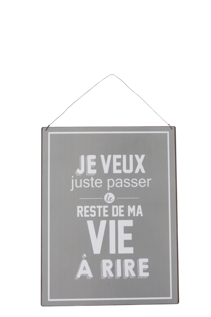 Grijs metalen Bord Kiela Metaal met wit tekstdesign, slank wandbord uit de Life/Vie collectie