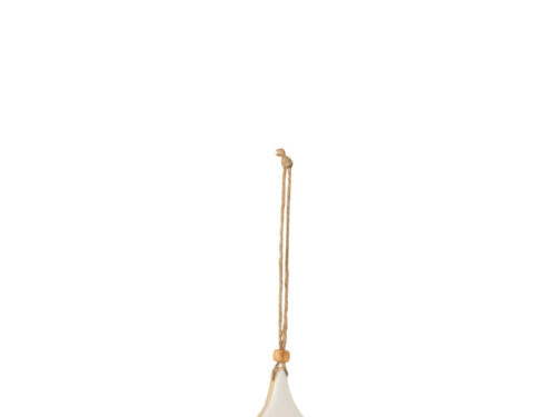 Witte Kaurnis kerstboom hanger van mangohout met touw, compact en sfeervol winterdecoratie