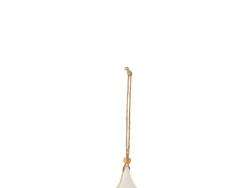 Witte Kaurnis kerstboom hanger van mangohout met touw, compact en sfeervol winterdecoratie