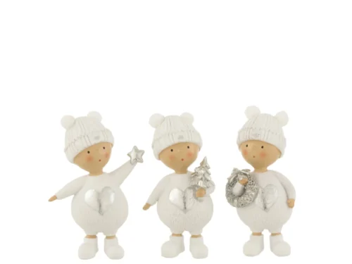 Beeld Slernum polyresin wit set van 3, winterse figuren met zilveraccenten en zachte mutsen