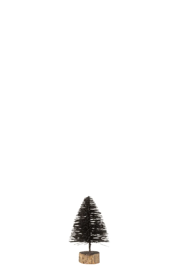 Kerstboom Priestak zwart PVC met houten voet, 15 cm, compacte glinsterende kerstdecoratie