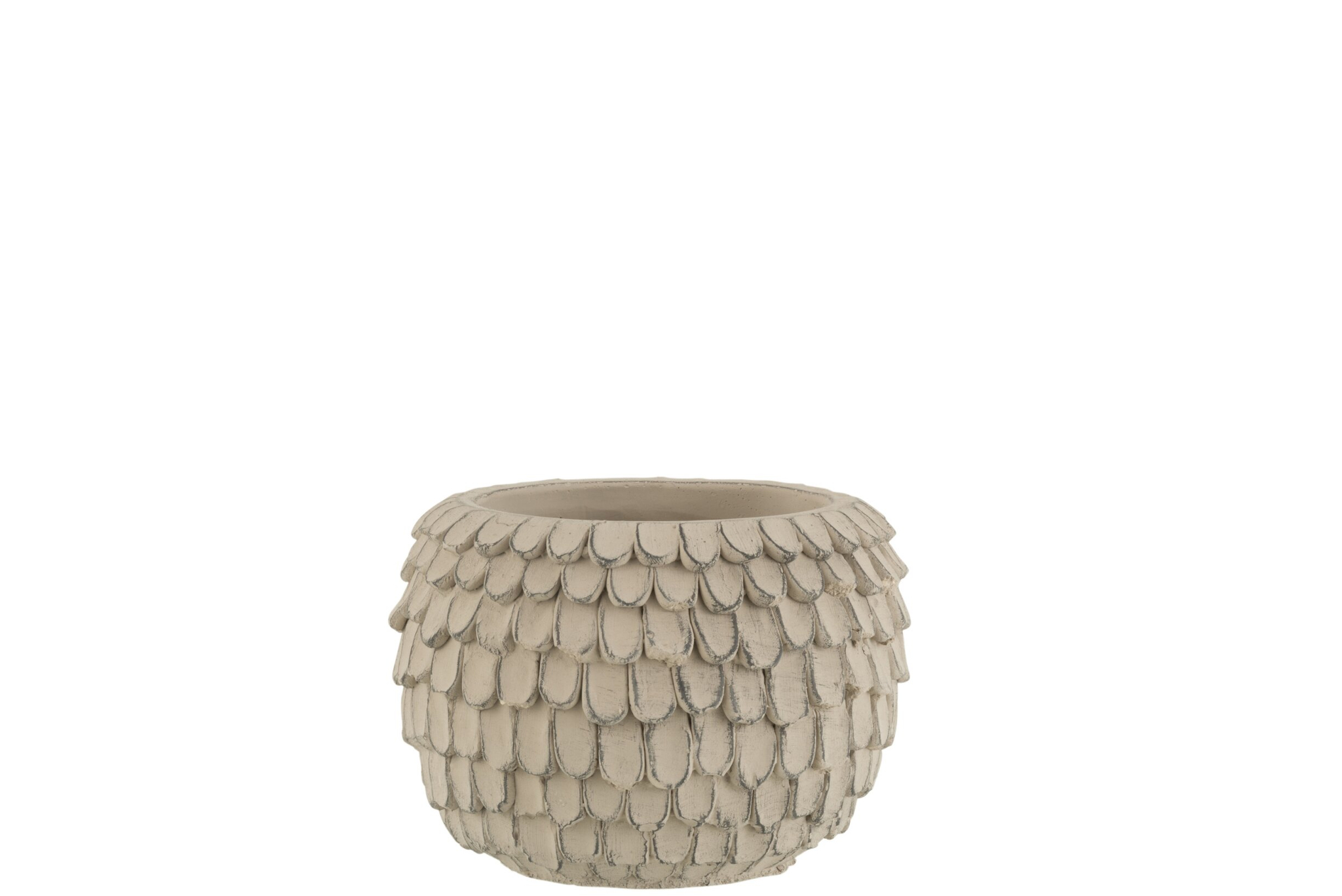 Bloempot Leaf van cement in lichtgrijs met verenstructuur, compact en stoer woonaccessoire H11 cm
