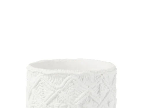 Witte bloempot Sandek van cement met reliëf en compact rond formaat, 18 cm hoog