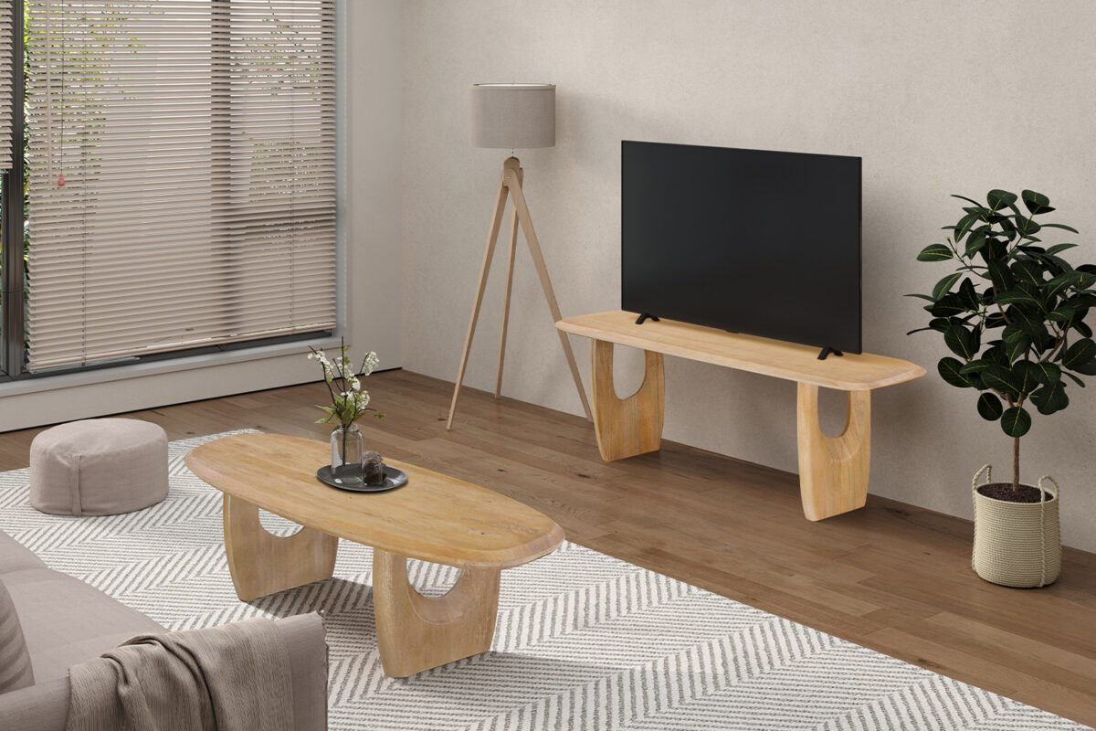 Tv-meubel Siracusa 160 cm amandel mangohout Japandi – foto 3