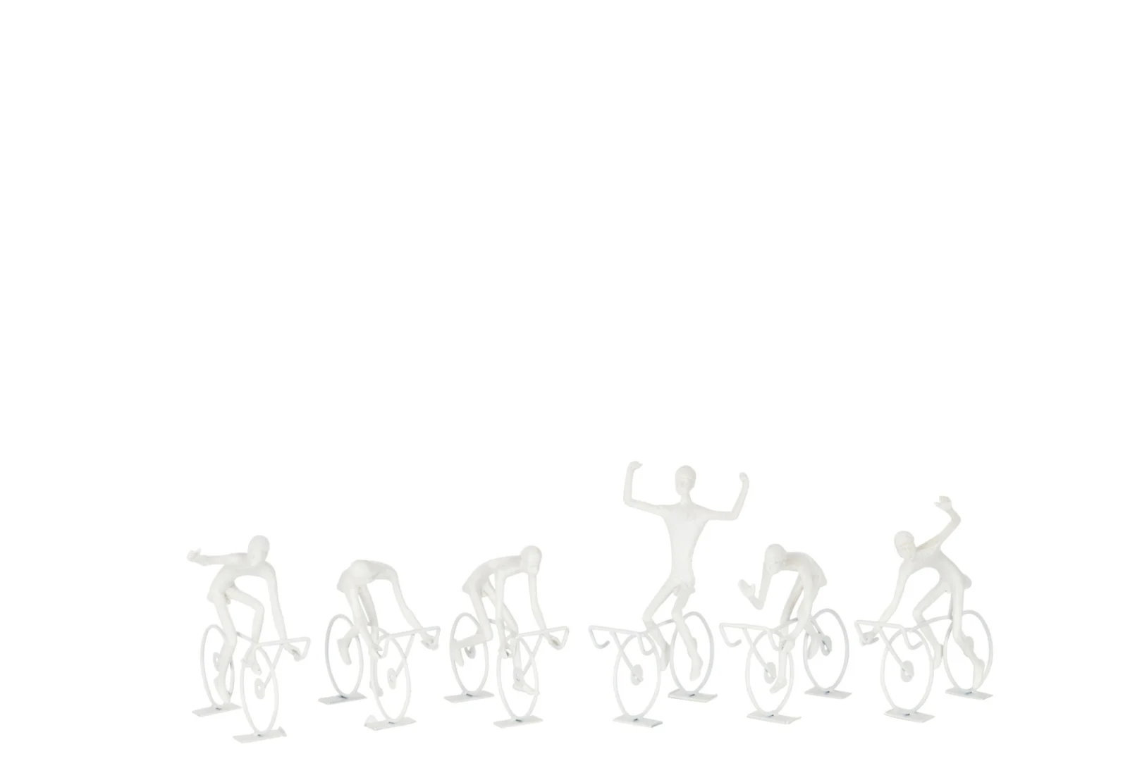 Set van 6 witte Hauldio metalen figuren op fiets, luchtige decoratie van ijzer en polyresin, H14 cm