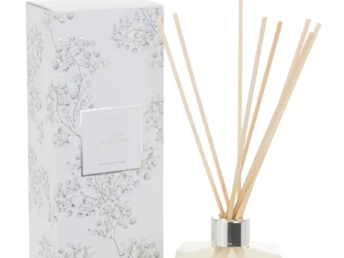 Geurolie Vemmil Wit White Gardens met bloemige verpakking en houten geurstokjes, Saffier amberthee