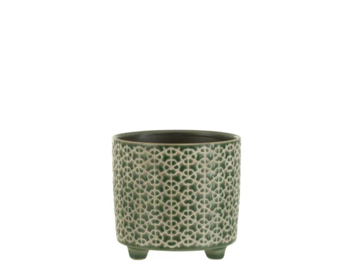 Groene keramieken bloempot Beinsum H11,5 cm met decoratief patroon en stevige voetjes
