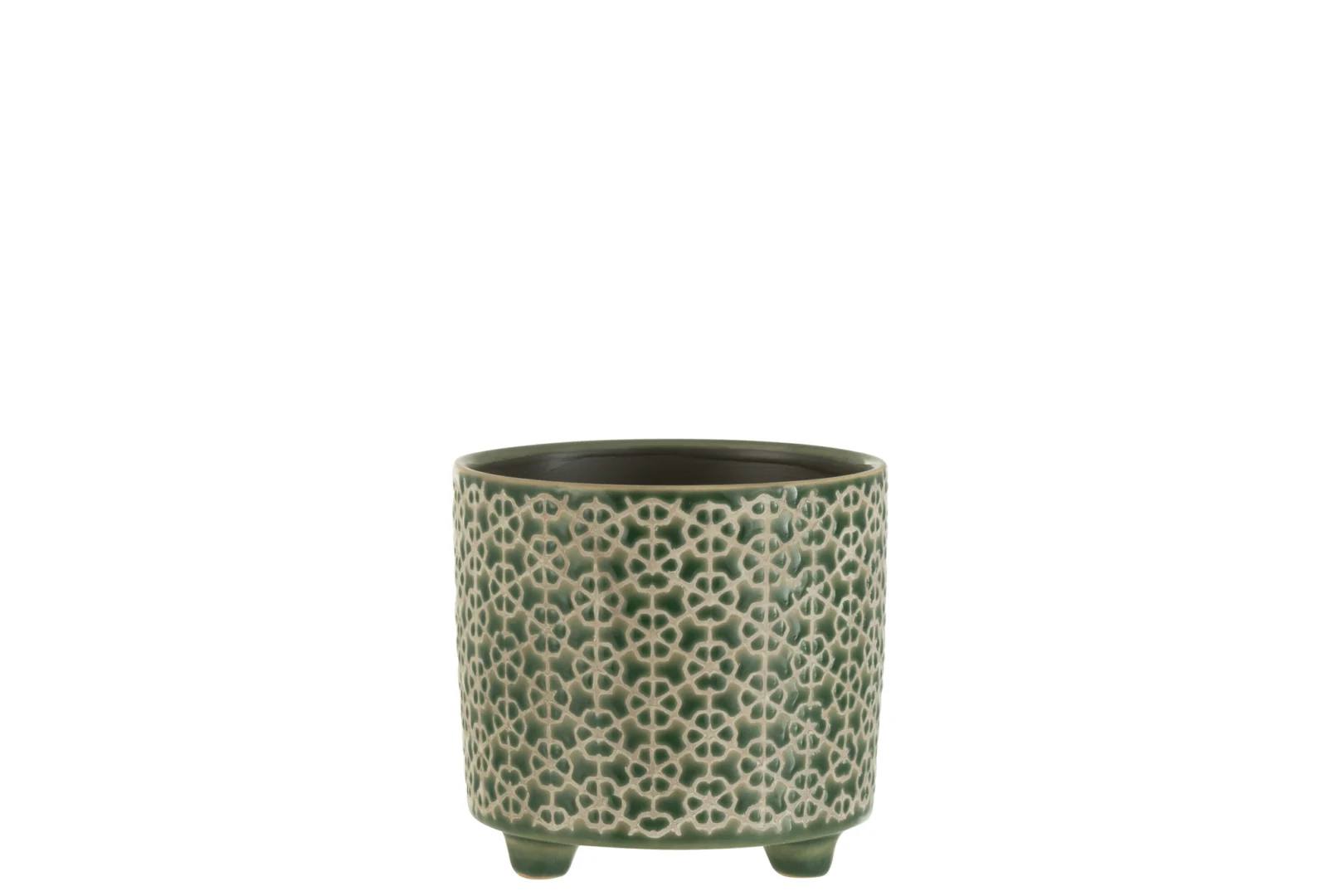 Groene keramieken bloempot Beinsum H11,5 cm met decoratief patroon en stevige voetjes