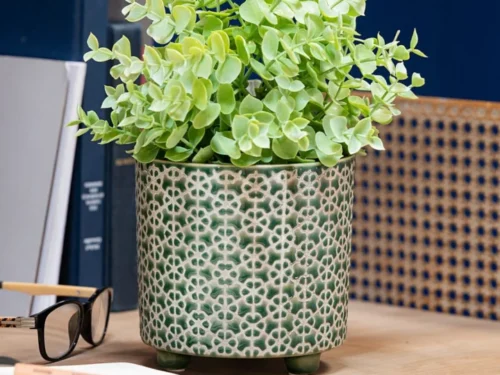 Groene Stindek keramiek bloempot Flower H13,5 cm met decoratief patroon en compact formaat