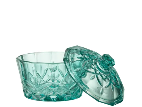 Pot Proldena Glas Blauw H10,5 cm met geslepen azureblauw glas en deksel, compact en decoratief