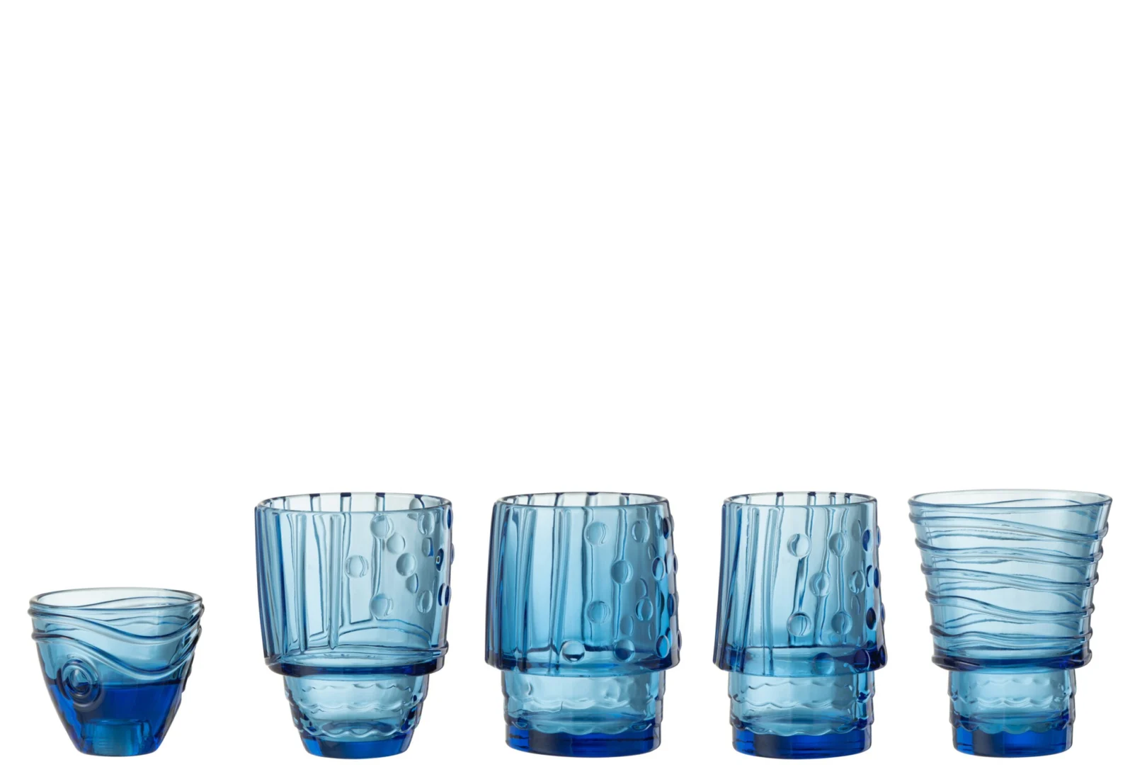 Set van 5 Mok Neiltena glas blauw, hoge decoratieve glazen mokken met speelse textuur