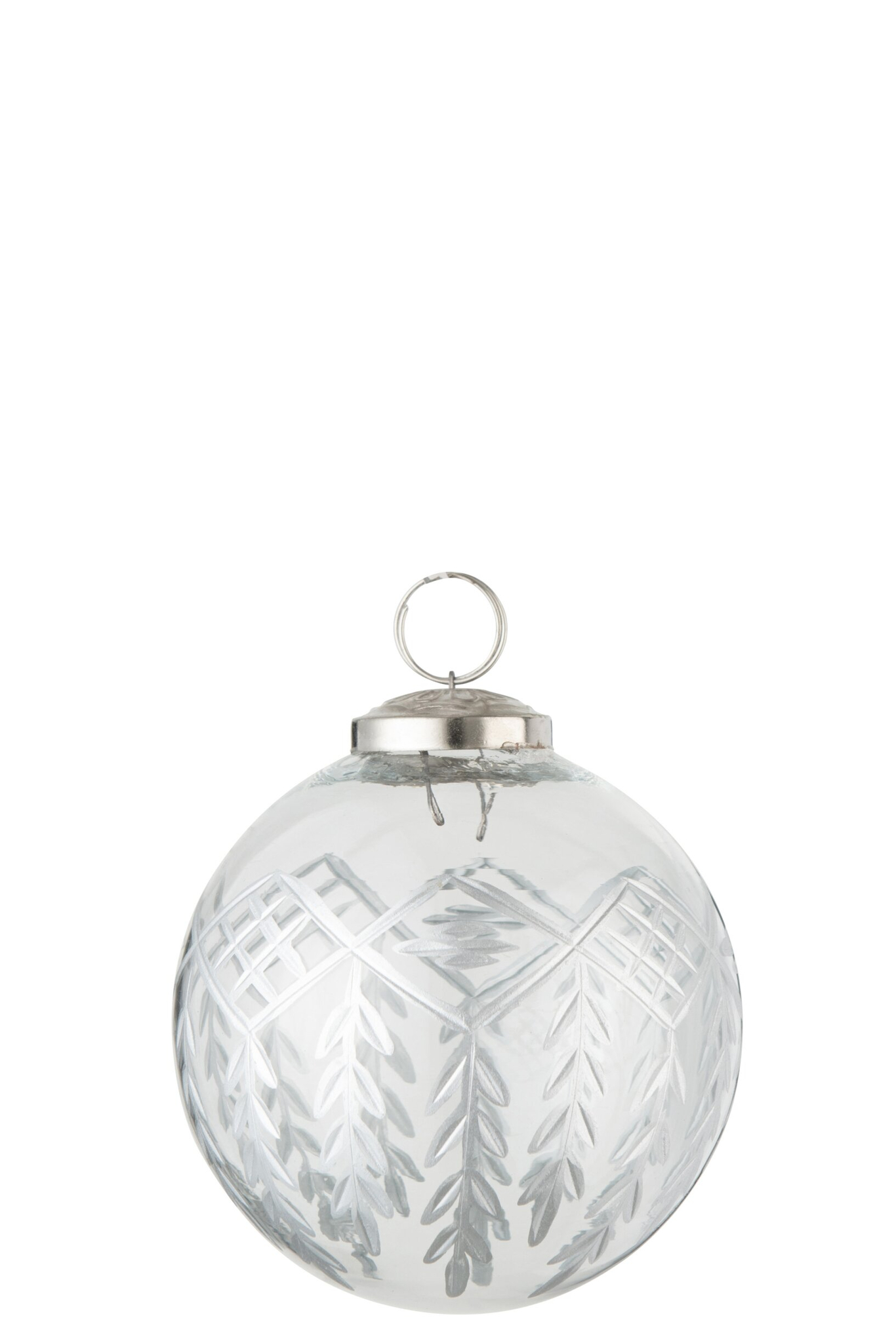 Kerstbal Chloe van glas in zilver, met verfijnd reliëf en ophangoog voor een elegante kerstdecoratie
