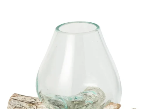 Vaas Fliedun van wit glas met houtaccent, compact 20 cm, rustige natuurlijke uitstraling
