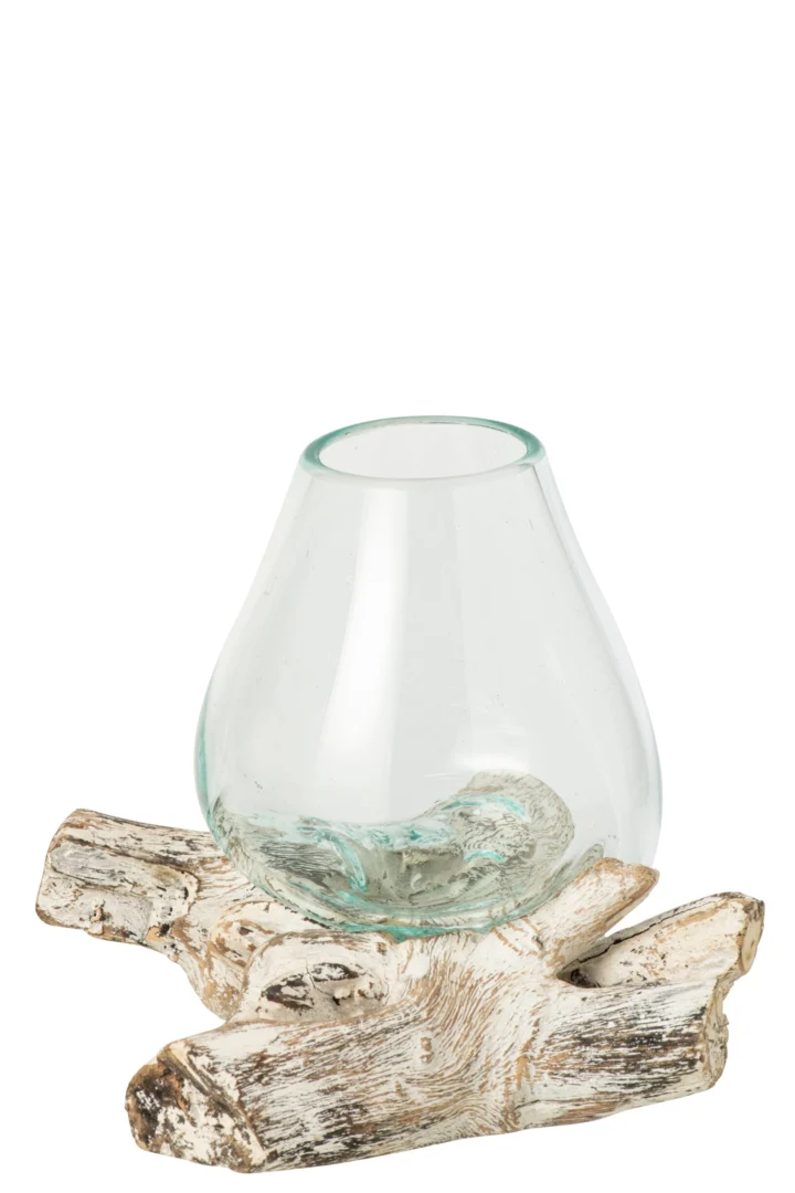 Vaas Fliedun van wit glas met houtaccent, compact 20 cm, rustige natuurlijke uitstraling