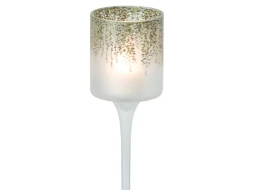 Trerano waxinelichthouder van groen glas op voet, slank design met transparant kaarslicht en botanische print