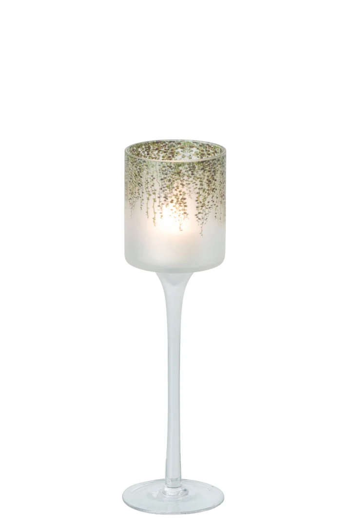 Trerano waxinelichthouder van groen glas op voet, slank design met transparant kaarslicht en botanische print