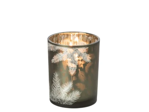 Waxinelichthouder Reevaro glas groen met wit takkenpatroon en warme reflectie, compact en stijlvol