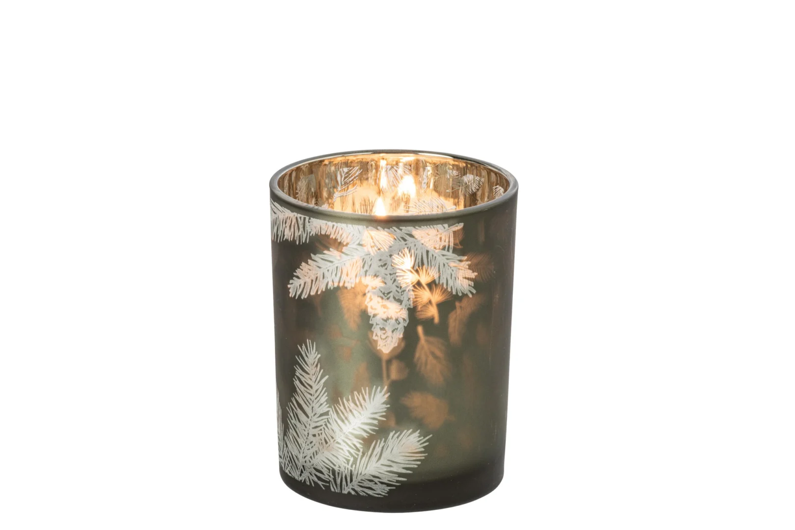 Waxinelichthouder Reevaro glas groen met wit takkenpatroon en warme reflectie, compact en stijlvol