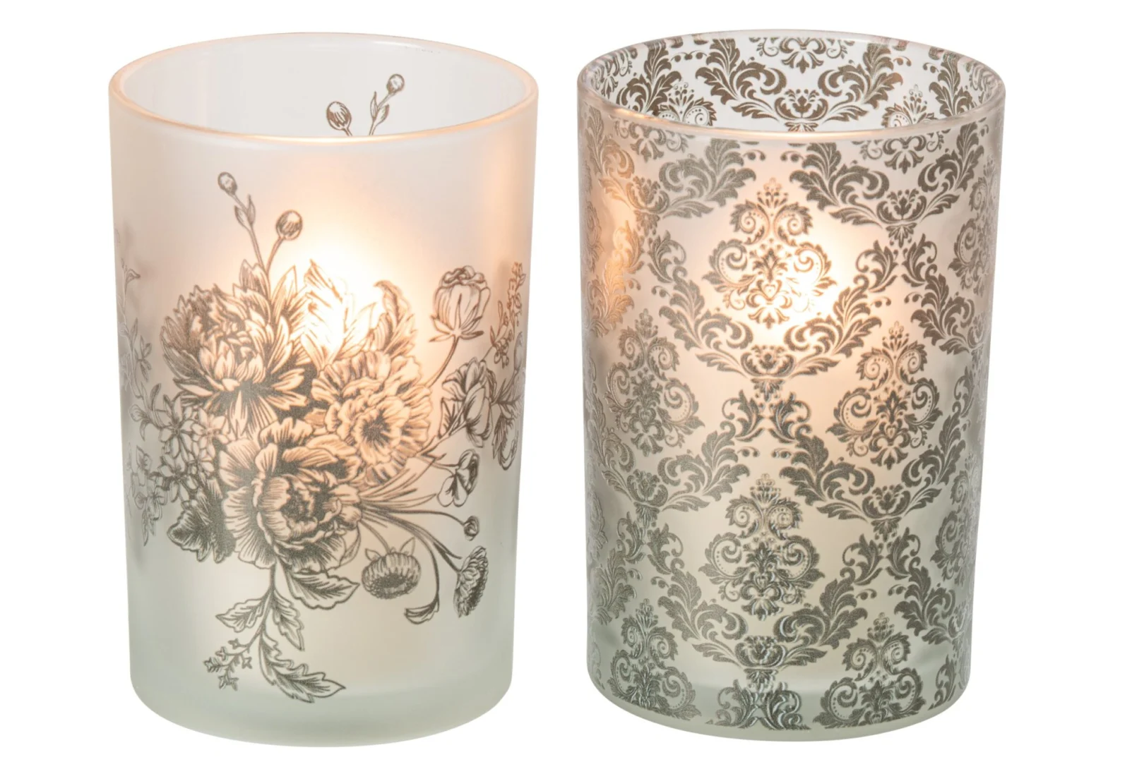 Slaustar glazen waxinelichthouders set van 2 met elegant bloemen- en ornamentpatroon in zacht groen