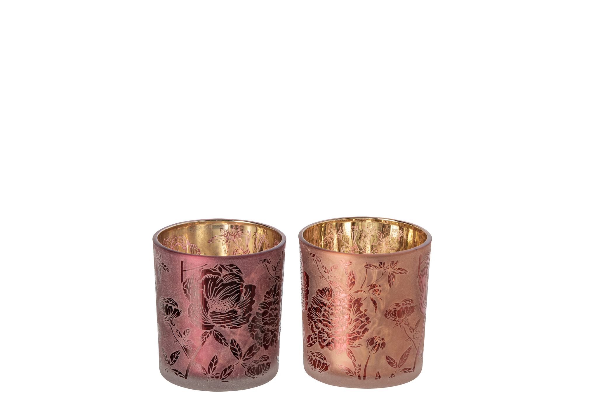 Set van 2 Deirro waxinelichthouders van rood glas met bloemenpatroon en gouden binnenkant