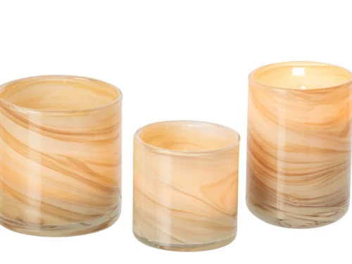 Waxinelichthouder Finn Glas Beige set van 3 met marmerlook en warme messingaccenten