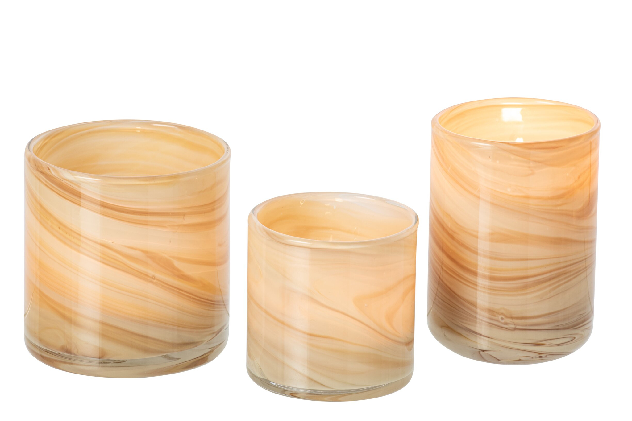 Waxinelichthouder Finn Glas Beige set van 3 met marmerlook en warme messingaccenten