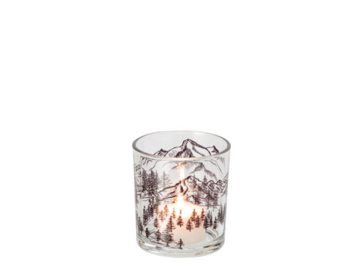 Waxinelichthouder Aalborg transparant glas met bergprint, voor een sfeervol kaarslicht op tafel