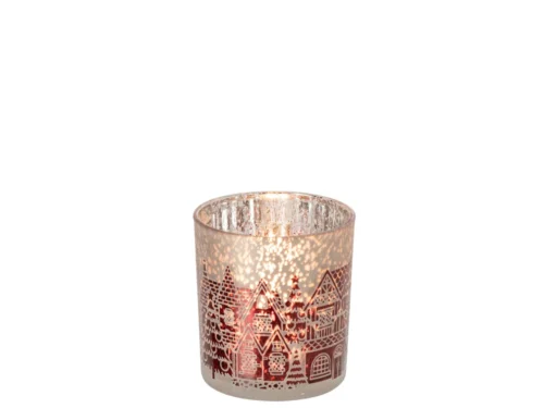 Waxinelichthouder Feiltonte glas rood met winterdorp print en warme rode gloed