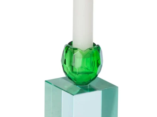 Kaarsenhouder Donsura Glas Groen met rechthoekige vorm en brandende witte kaars￼