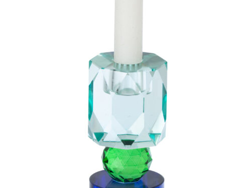 Kandelaar Heidar van blauw glas met slanke vorm en kaars, stijlvol en compact H16,5 cm
