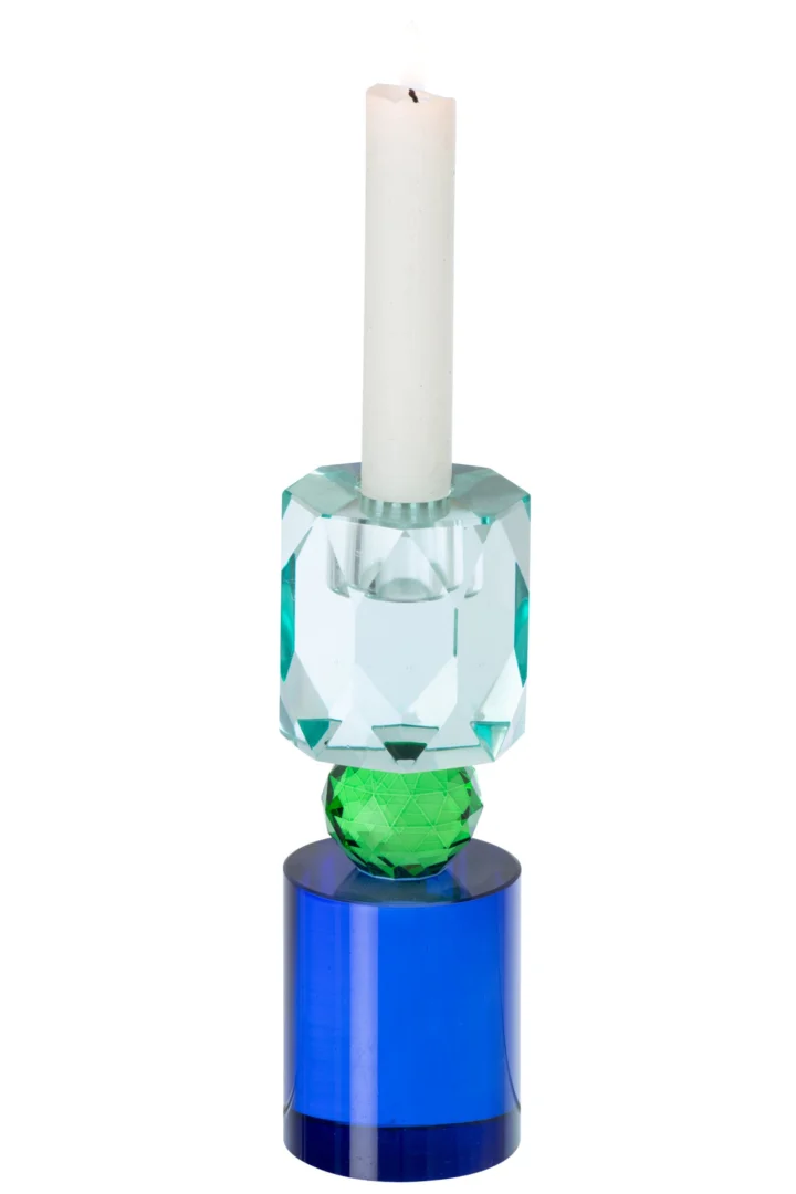 Kandelaar Heidar van blauw glas met slanke vorm en kaars, stijlvol en compact H16,5 cm