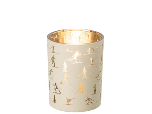 Kaarsenhouder Sonsine glas beige met gouden schaatsers, cilindervormig en sfeervol decoratief ontwerp
