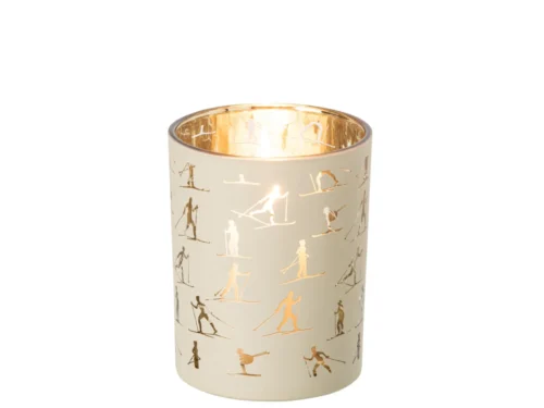 Kaarsenhouder Sonsine glas beige met gouden schaatsers, cilindervormig en sfeervol decoratief ontwerp