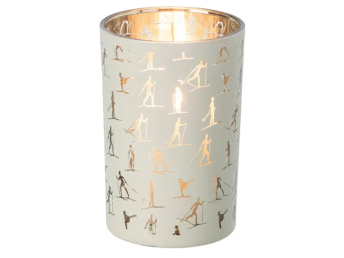 Triessund beige glazen kandelaar H18 cm met subtiel ski-patroon en warme goudkleurige binnenkant