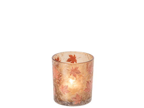 Kandelaar Flaassona van oranje glas met herfstbladmotief, compact en sfeervol, H8 cm