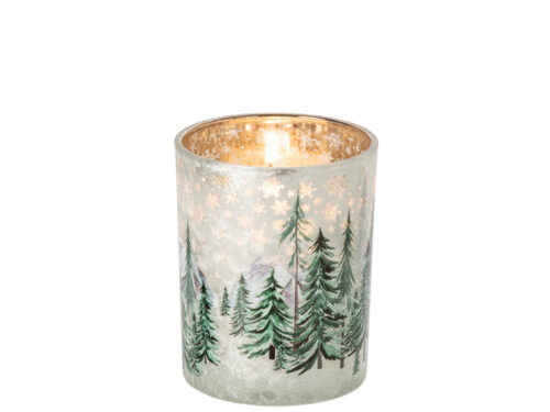 Kandelaar Dondio wit glas met winterse dennen en sneeuwvlokken, H12,5 cm